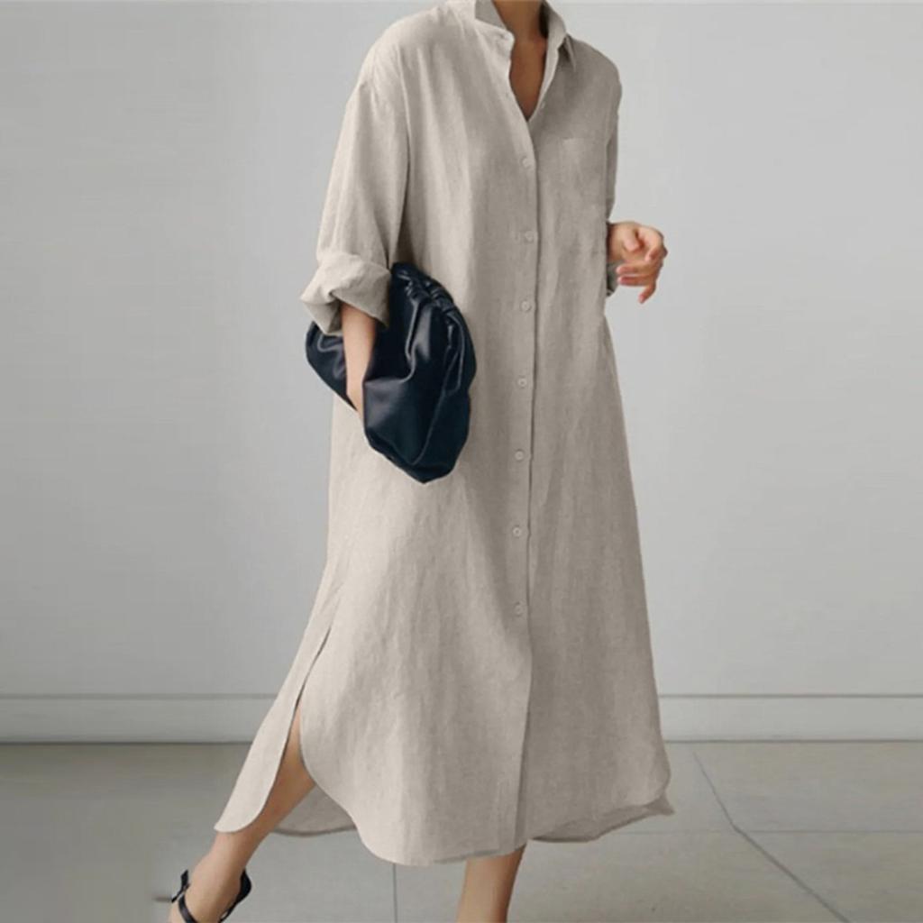 LYRIA Cotton Linen Oversize Women Dress Black Turn-Down Collar Loose Dresses Female Elegant Casual Trendy Ladies Clothes