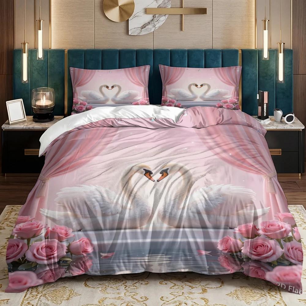 3 Piece Set Romantic Swan Valentine's Day Print Quilt Set, Including 1 Duvet Cover and 2 Pillowcases (excluding Padding)