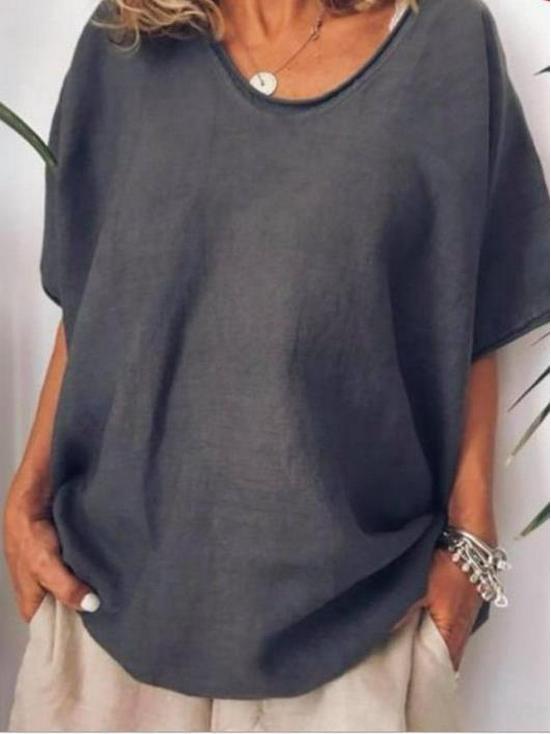 Summer Casual Cotton Linen T-Shirt: Solid Color, Loose Fit, Short Sleeve