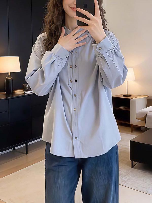 Women's Blue Double-Breasted Long-Sleeve Shirt - Spring/Autumn 2026 New Design, Loose Fit, Slimming Top