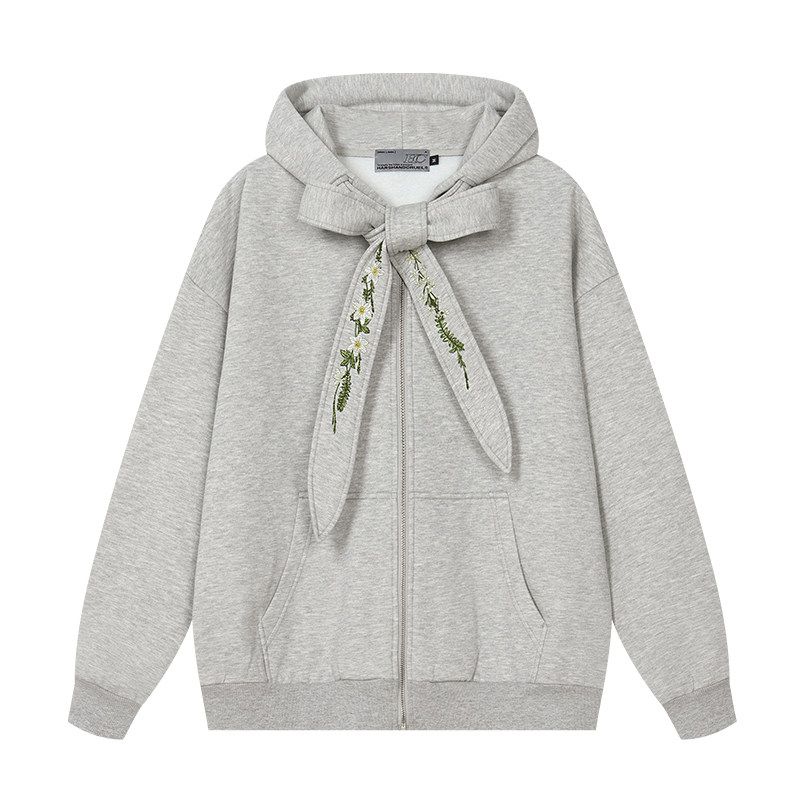 HACR's Harshandcruel Detachable Florals Embroider Bows Bow Tie Streamer Hooded Cardigan Sweater