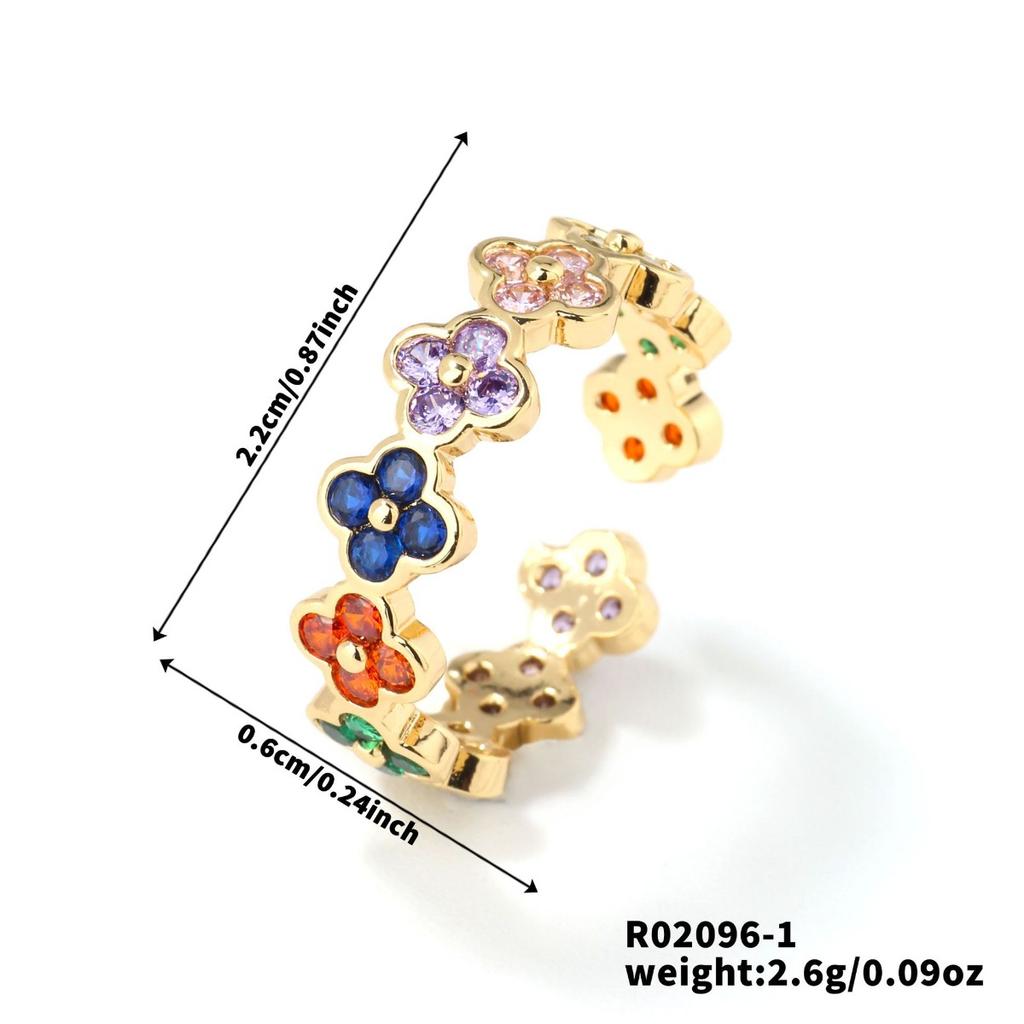 An Open Colored Zircon Four-Leaf Flower Lucky Ring Advanced And Simple Ins Style Suitable For Wedding Anniversaries