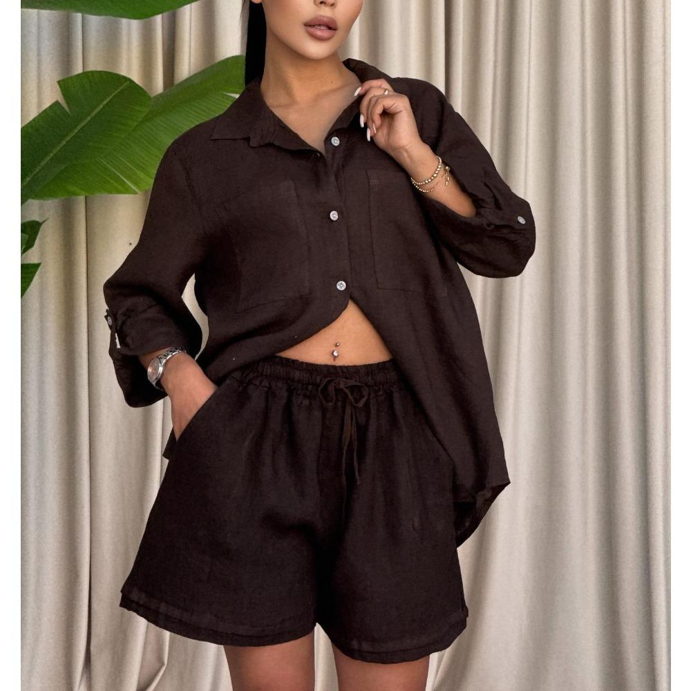 Women's 2 Piece Casual Outfit Oversized Long Sleeve Turn Down Collar Shirt and Drawstring Shorts Set