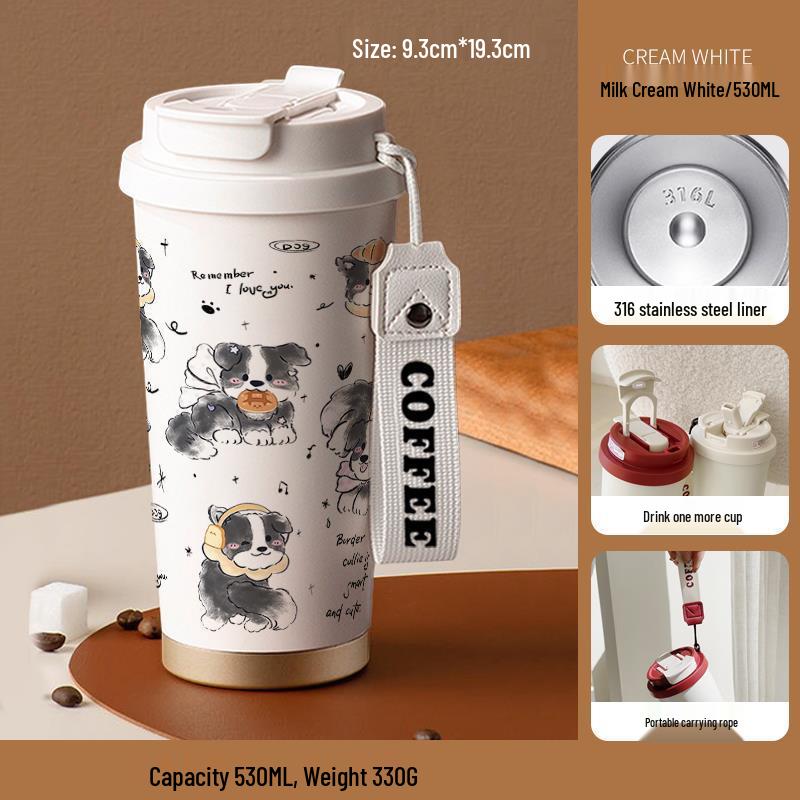 Happy Puppy Stainless Steel Insulated Coffee Cup - Portable, Student-Friendly Design for Men and Women