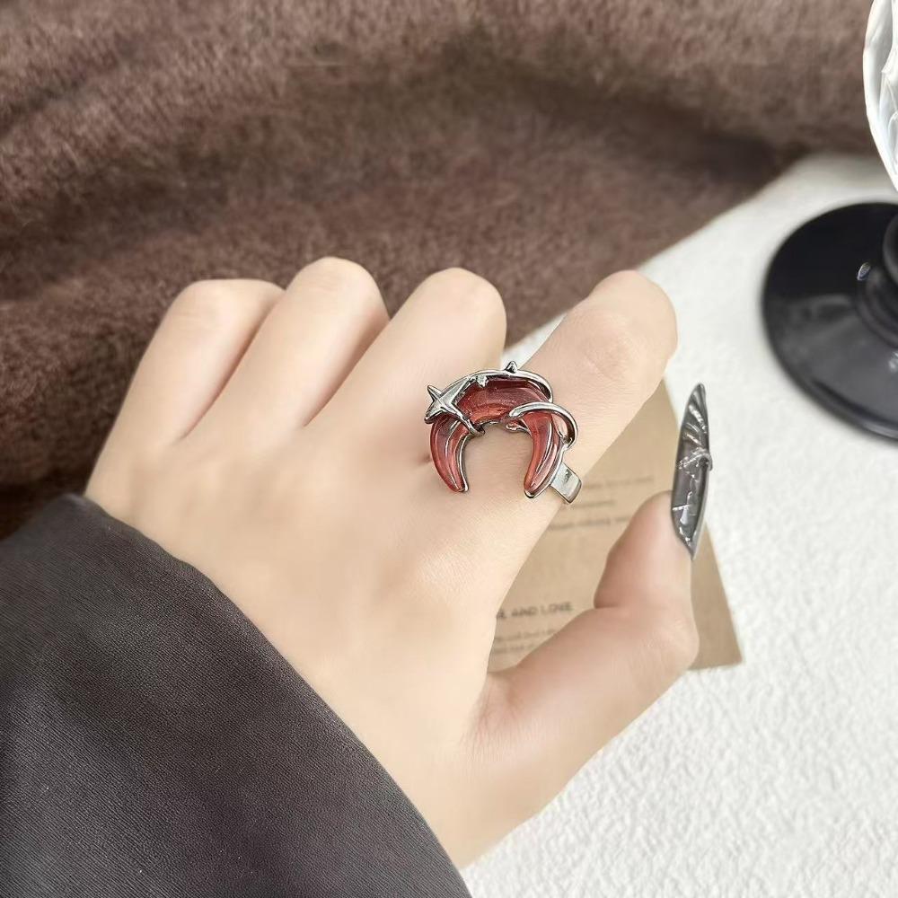 Personality Fashion Red Crescent-shaped Star Celestial Body Opening Adjustable Rings for Men Women Hip-hop Punk Finger Jewelry