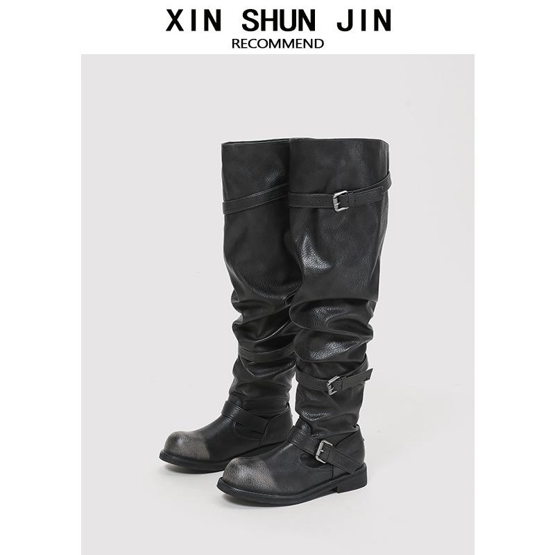 Belt Buckle Stack Boots Thick Heel