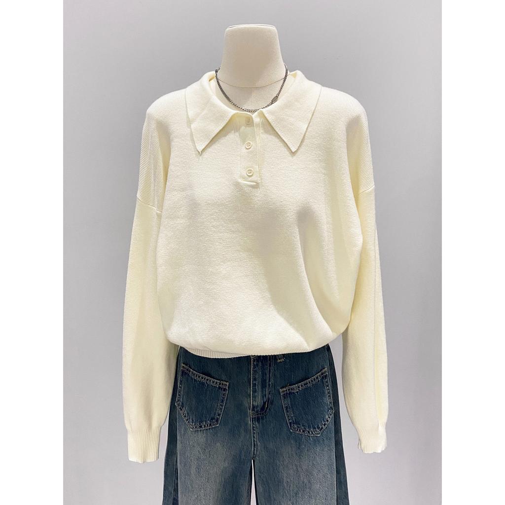 Japanese polo lapel knitted sweater women's autumn and winter casual simple inner long-sleeved front shoulder versatile bottoming shirt top