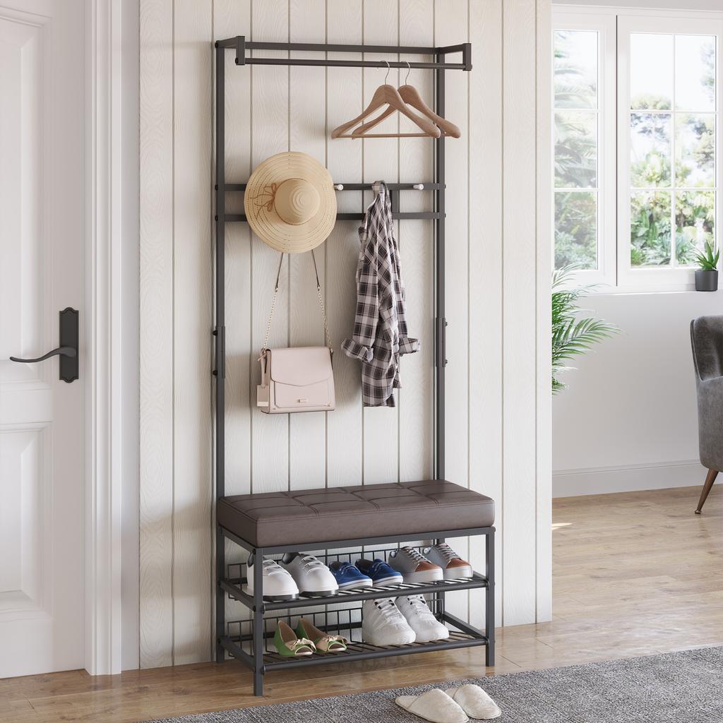 Coat Rack Entryway Coat Hanging Hat Bags Hook Storage Hallway Storage Shelf Footrest Bench Metal Multi Purpose