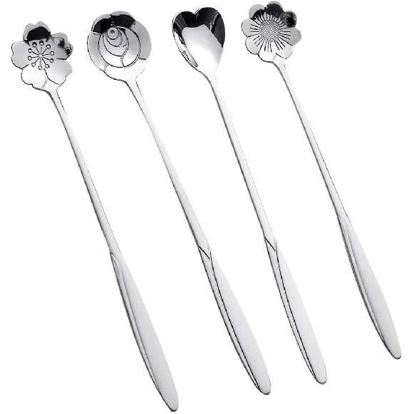 7-Inch 4 Pcs Flower Spoon Coffee Teaspoon Set, Drink Stirring Spoon for Dessert, Coffee, Ice Cream, Tea (Gold)