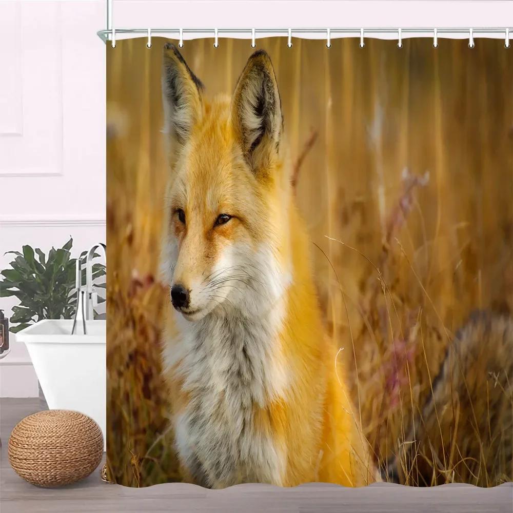 Painting Animal Lover Fox In The Forest Shower Curtain,Rustic Lodge Forest Hunting Bathroom Decor Wild Animals Bathroom Curtains