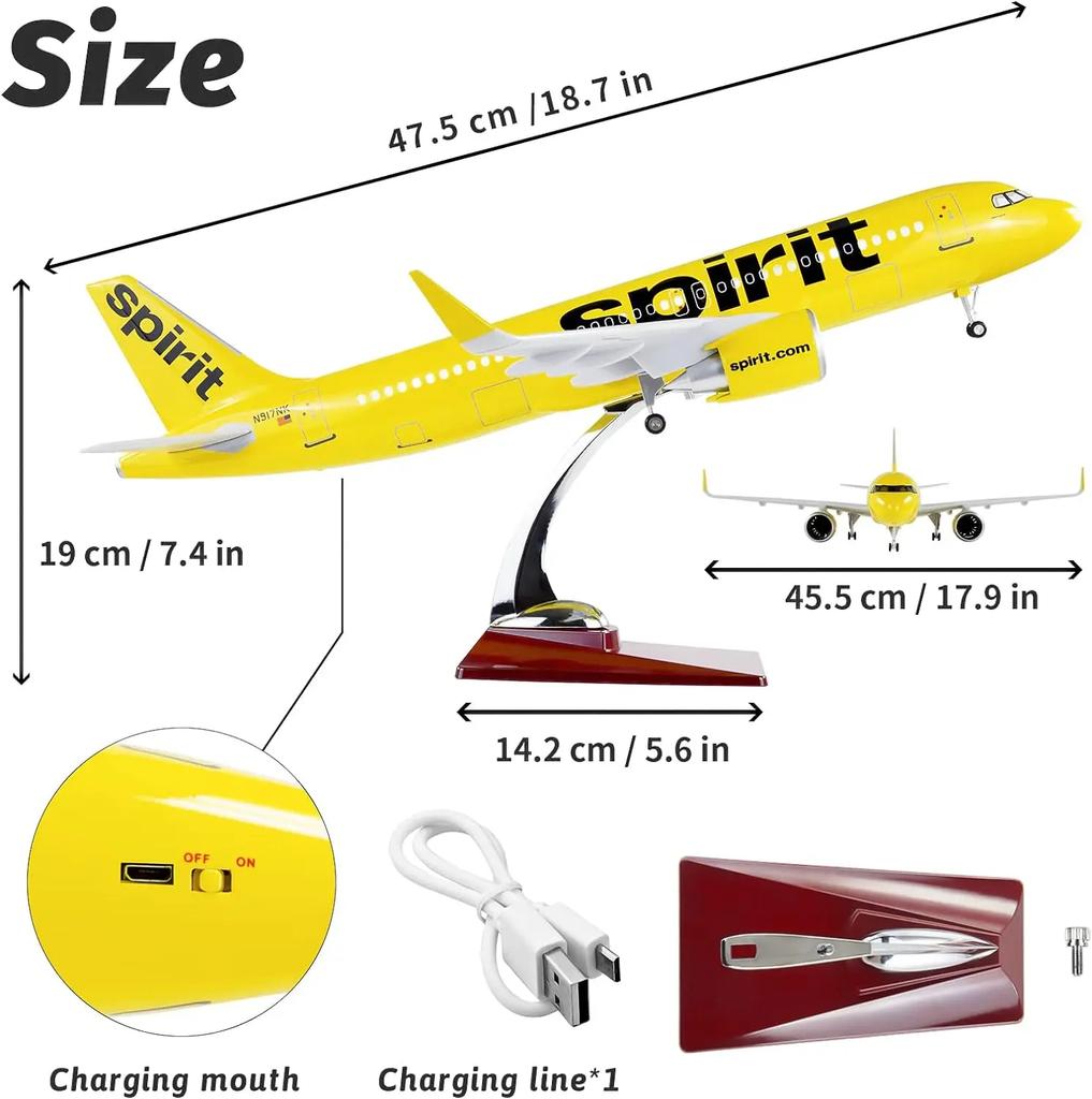 1:80 Scale 47cm 320 Large Airplane Model Spirit Airlines Airbus A320 Plane Model Diecast Airplanes Decorations Aircraft Collecti