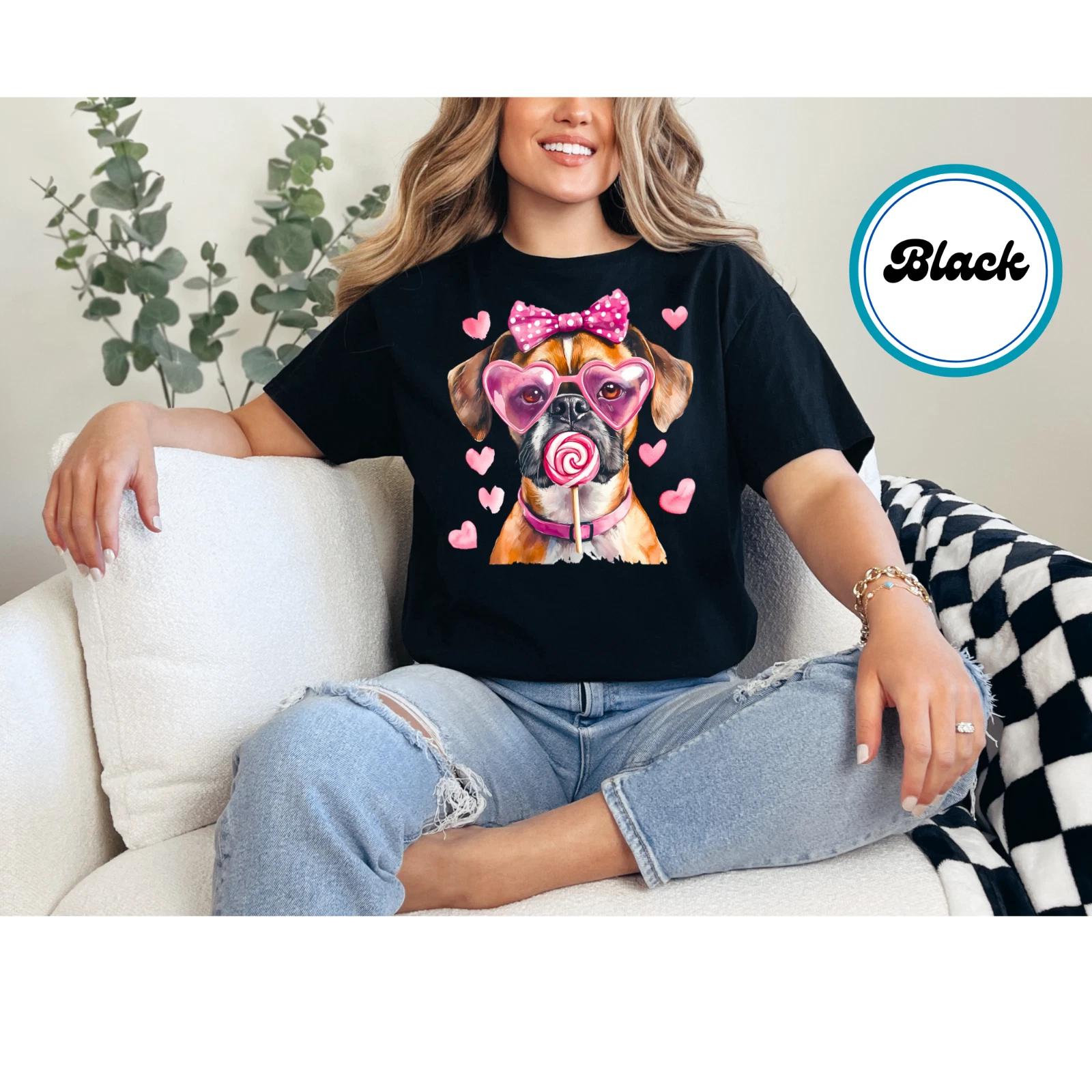 Women s Oversized Print Cute Boxer Dog Graphic Shirt Trendy Valentines Dog Shirt XL