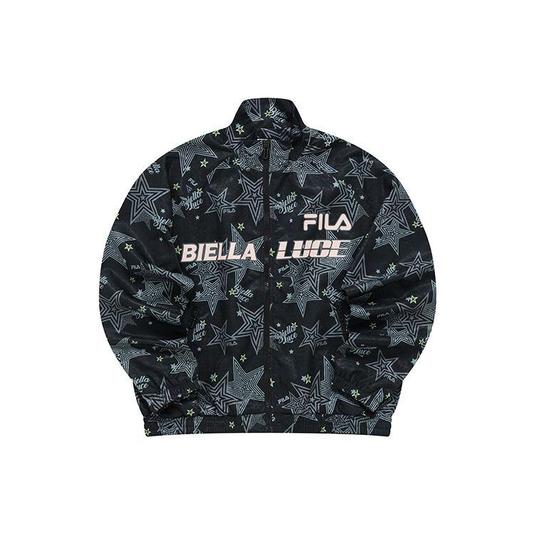 Fila Fusion Sports Lifestyle Series All Over Star Letter Pattern Stand Collar Woven Jacket Women Jacket Deep-Black T11W225703F-BK