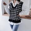 V-neck Checkered Knitted Vest Women Sweater Casual Loose Commute Simple Base Shirt Autumn and Winter