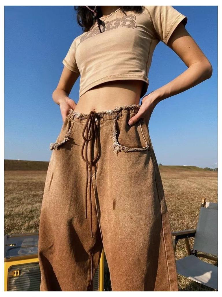 Women's American Retro Gradient Jeans: Large Size, Slim, Wide-Leg, Raw Edge Design for Spring and Autumn