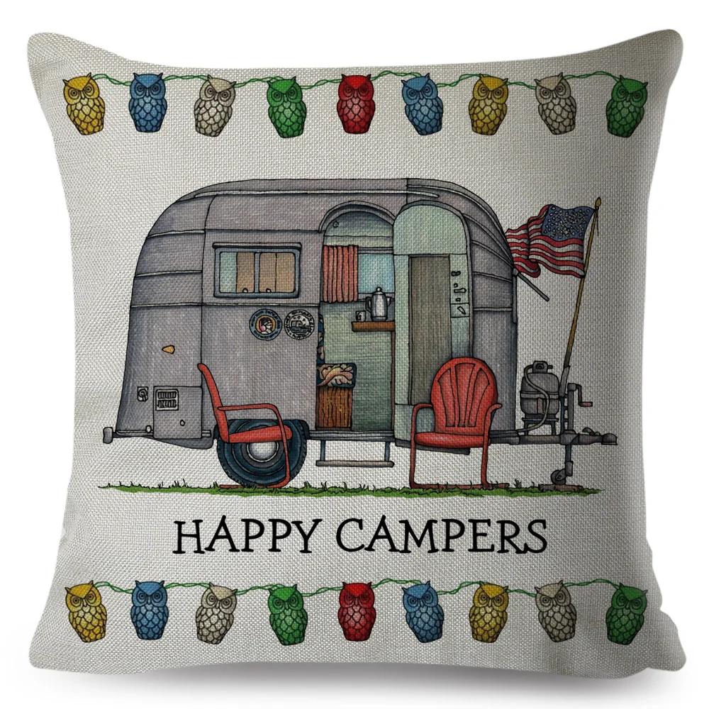 Happy Camper Pillowcase Decor Cartoon Travel Car Printed Pillow Case for Home Sofa Children Room Polyester Cushion Cover 45x45cm