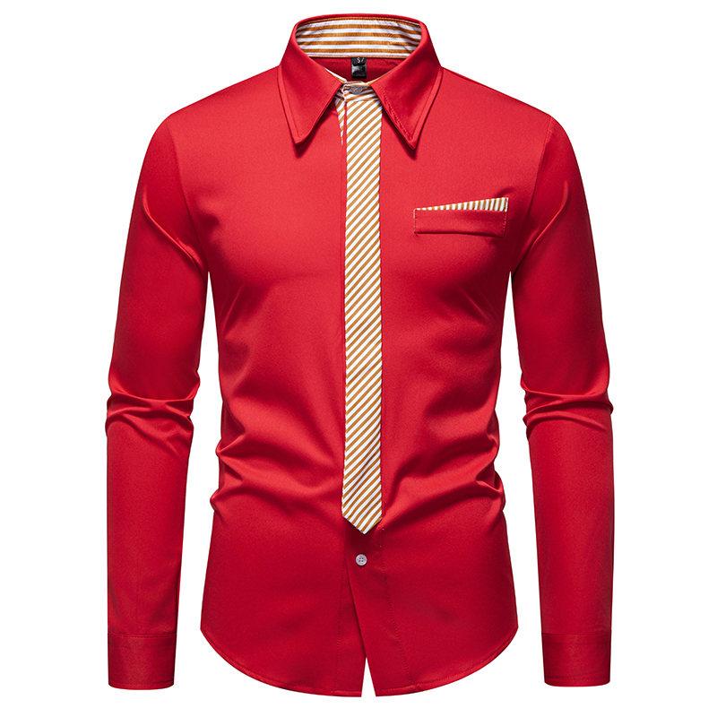 Autumn Men's Fake Tie Long Sleeve Shirt Men New Fashion Special Design Solid Shirts Male Versatile Casual Social Wedding Party