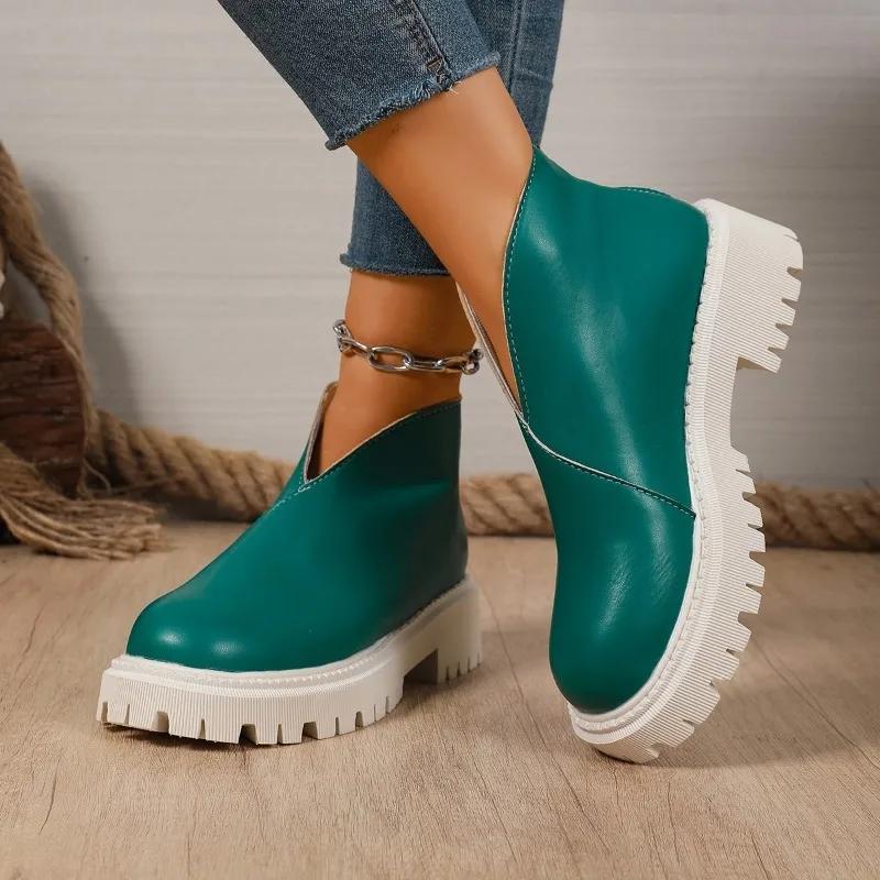 Autumn New Round Toe Rear Zipper Anti-Slip Wear-Resistant Short Boots Block Heel Platform Single Boots