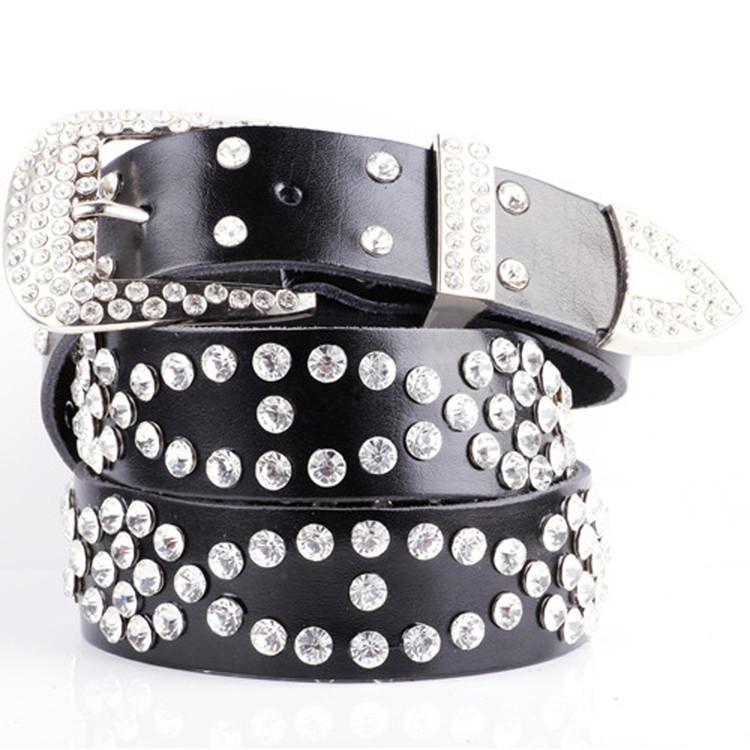 Wide Leather Belt With Metal Pin Closure Rhinestone Decor For Elegant Womens