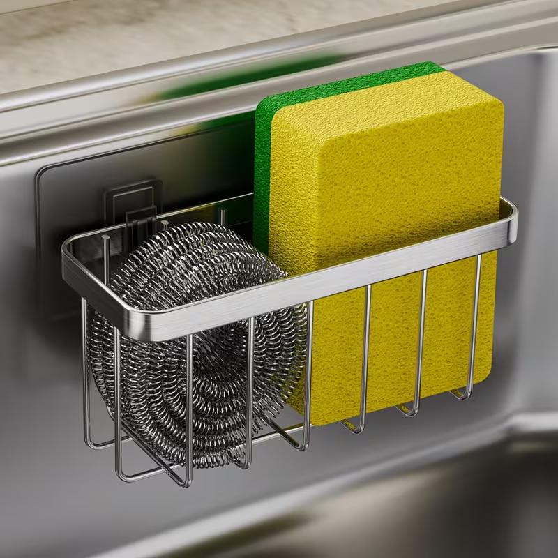 Stainless Steel Sink Caddy Kitchen Sink Organizer Sponge Holder Dish Soap Brush Storage Rack Countertop Drain Basket
