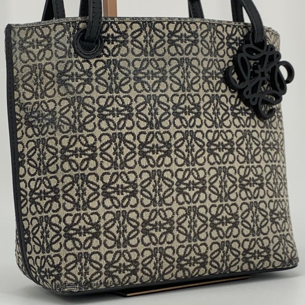 LOEWE Repeat Anagram Jacquard Square Tote Shoulder Bag Canvas Calf Leather Navy Blue Black
