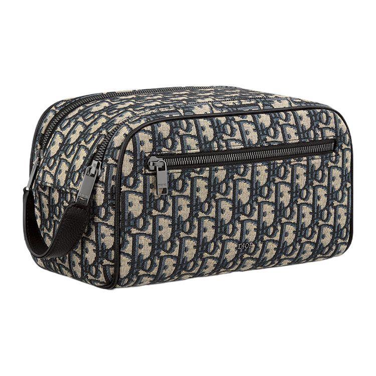 Dior Allover-Logo Reißverschluss Schräges Jacquard-Körnerleder Kulturtasche Herren Kulturtasche Beige Schwarz 2ESCA494YKY-H27E