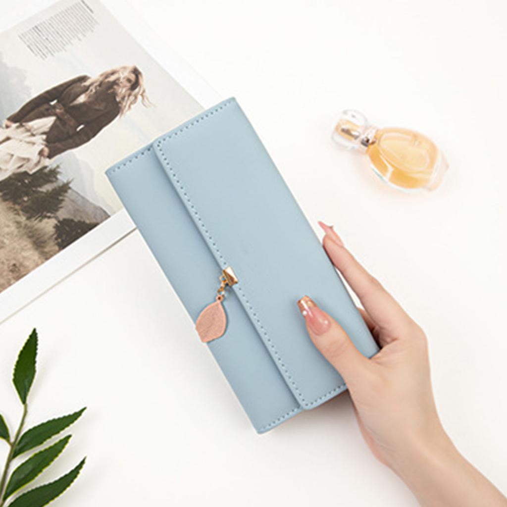 Women Wallet Long Wallet Trifold PU Large Capacity with Leaf Pendant Portable Card Holder Wallet for Adults Daily Light