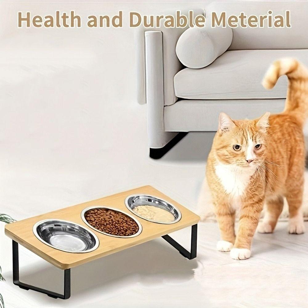 Non Slip Wood Cat Bowl Stand Anti-Vomiting Anti-Leak Elevated Pet Bowls with 3 Bowls Raised Cat Food Feeder Dry/Wet Food