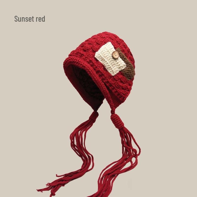 Women's Handmade Red Wool Tassel Hat - Warm Ear Protection for Autumn & Winter, Korean Fashion