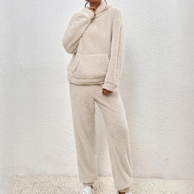 

QICED Autumn and Winter Solid Colour Women s Hooded Long-sleeved Patch Pockets Casual Trousers Home Two-piece Set XXXXL абрикосовий