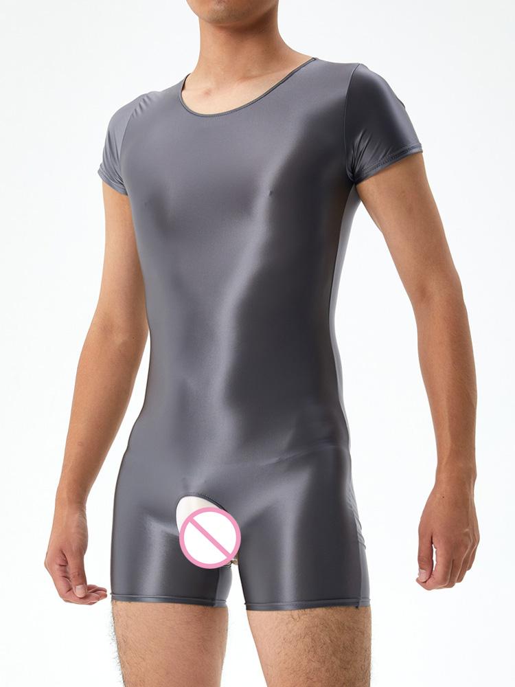 Sexy Men Satin Oil Glossy Shiny Bodysuit Yoga Tights Elastic Shaping Leotard Crotchless Jumpsuit Candy Color Exotic Tops Plus
