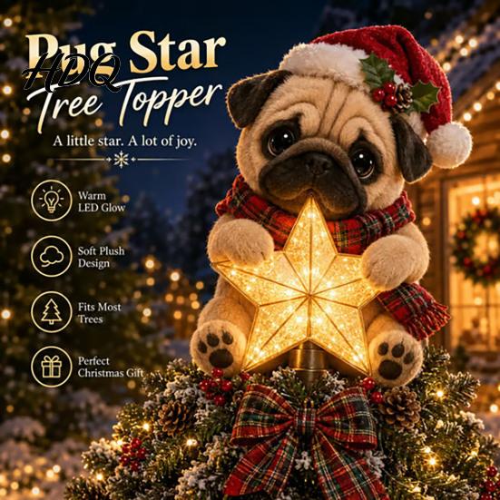 Cute Puppy Ornament Dog Christmas Tree Topper with Light Warm LED Star Plush Decoration Universal Base for Pet Lover Unique