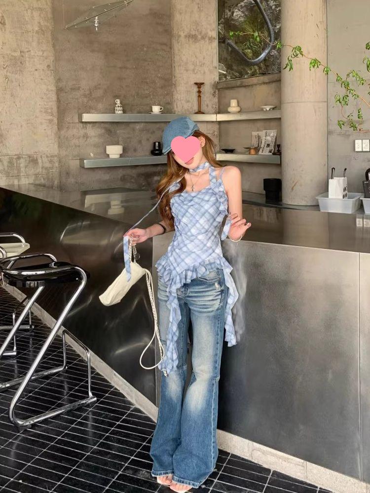 Korean Chic Plaid Camisole with Ruffles and Ribbons – Women's Sleeveless Summer Top