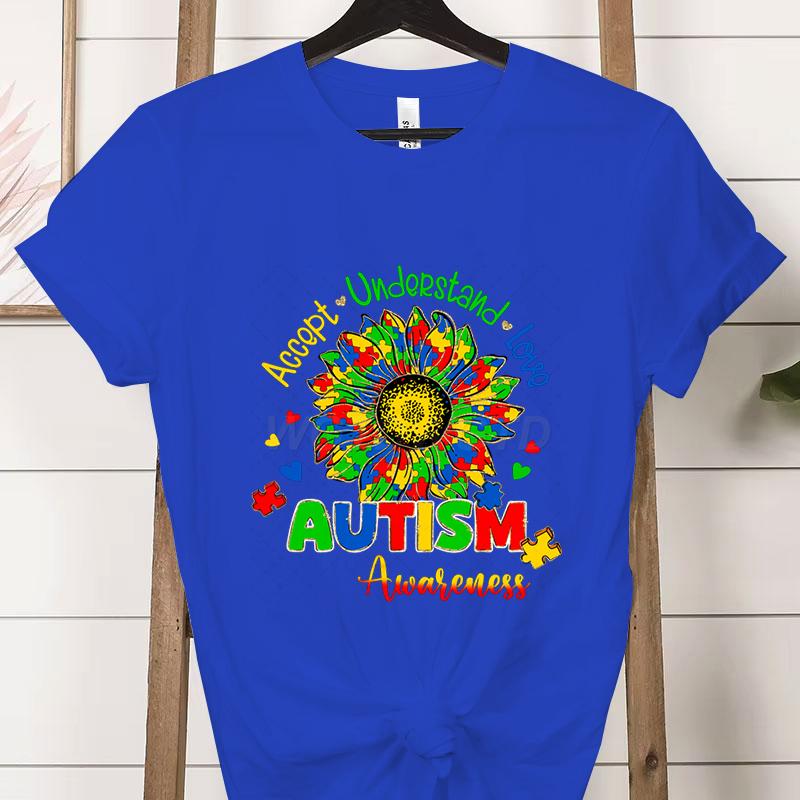 Autism Awareness Woman Tshirts Accept Understand Love Shirt Autism Teacher Gift Autism Gift for Mom Proud Short Sleeve Tshirt