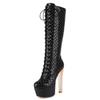 Black High Knee Boots Women Platform Sexy Luxury White Heeled Winter Lace-up Long Boot Party Shoes Ladies Large Size 46 Brand