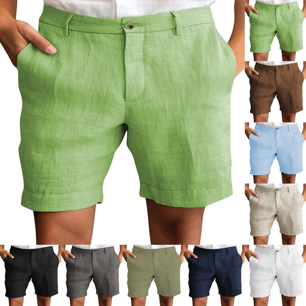 Herren Leinen-Shorts Klassische Passform Bund mit Knopfverschluss Atmungsaktives Leichtes Gewebe Lässige Sommerkleidung