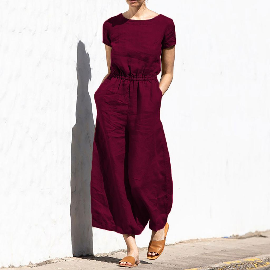 Women's Fashion Loose Casual Solid Color Linen Short Sleeve Temperament Wide-leg Long