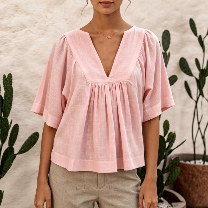 Women Casual Fashion Versatile V Neck Solid Color Shirt