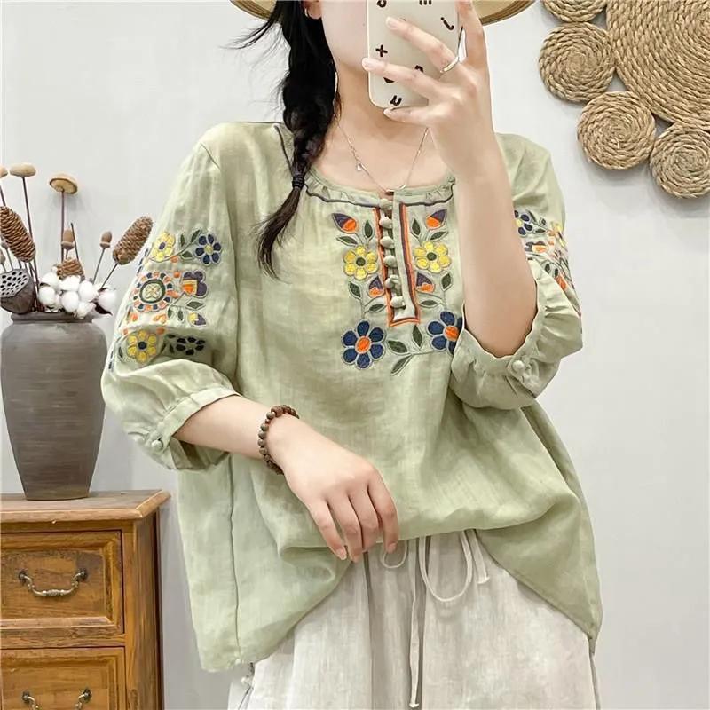 Women SummerEthnic Style Embroidery Seven Quarter Sleeve Loose T-shirt Retro Leisure Artistic Top