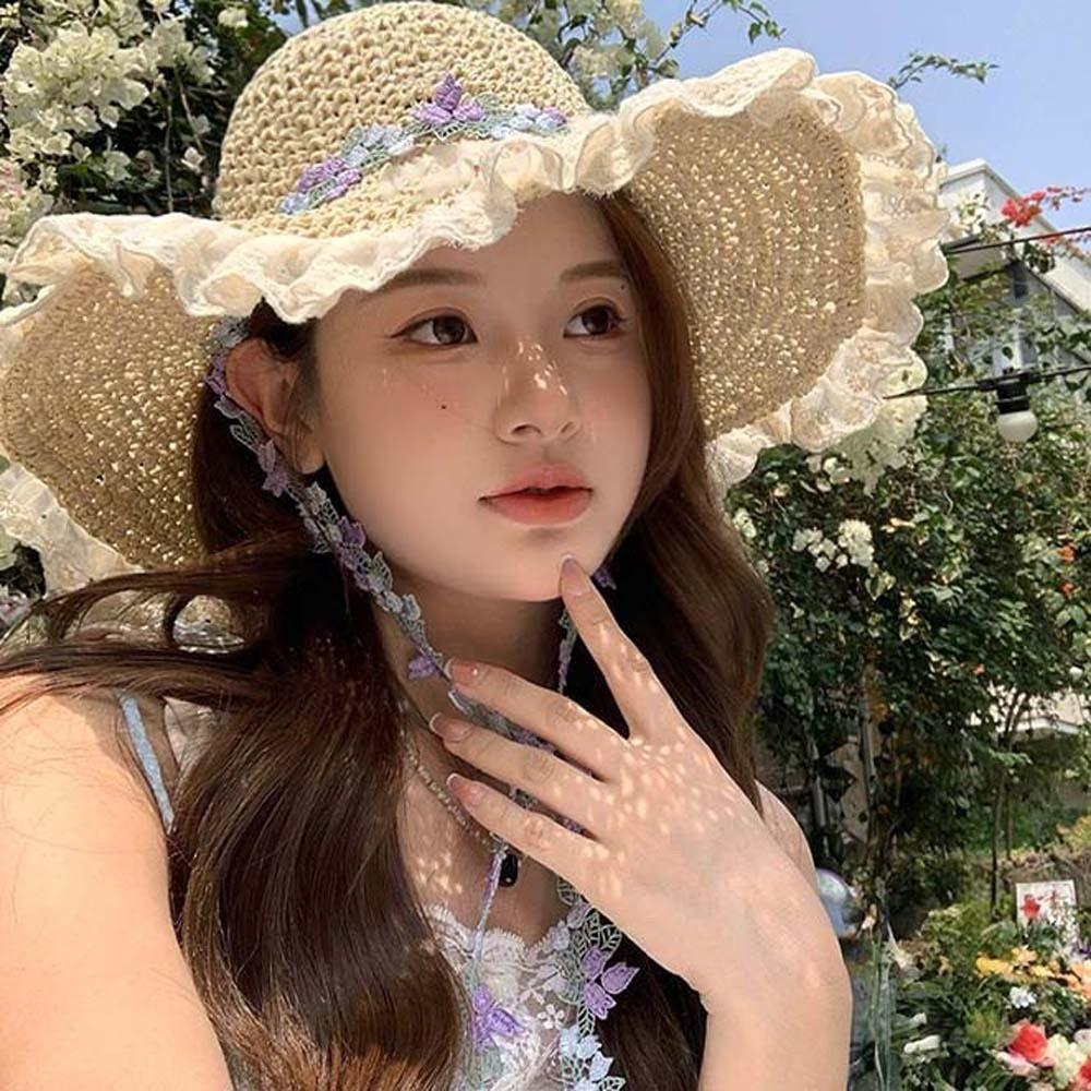 Breathable Big Brimmed Straw Hat Lightweight Woven Sun Cap Elegant Vacation Beach Cap  Carnival