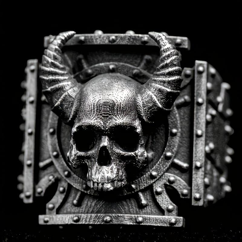 Retro Devil Skull Double Horn Ring Men's Punk Style Trendy Bracelet