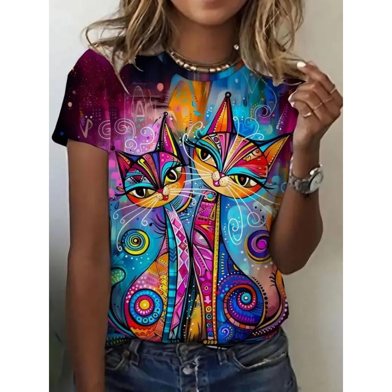Animal T-shirt Fashion Women s Premium Women s Clothing Crew Neck Short Sleeve 3D Animal Color Printing XS