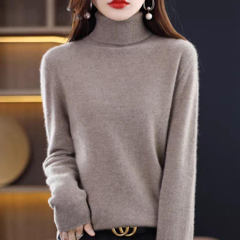 Turtleneck Cashmere Sweater for Women's Spring Autumn and Winter Casual Long-sleeved Pullover Solid-color Knitted Sweater and Slim Lapel Top