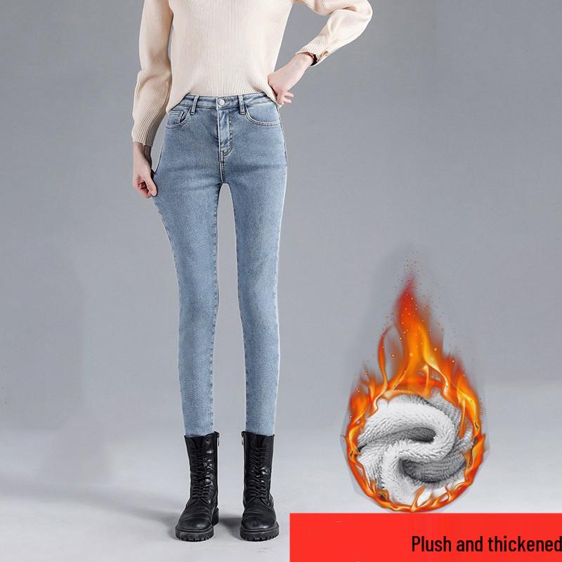 Women's High Waist Slim Velvet Denim Jeans - Loose Fit, Elastic, Versatile Straight Leg, Autumn/Winter 2021 Style.