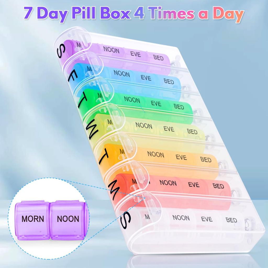 7 Day Pill Box Organiser 4 Times a Day, Weekly Tablet Box Travel Pill Organiser 28 Compartments