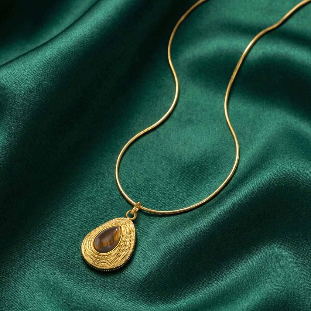 Natural Stone Necklace Stainless Steel 18K Gold Plated Geometric Tiger Eye Lapis Lazuli Pendant Women Vintage Jewelry