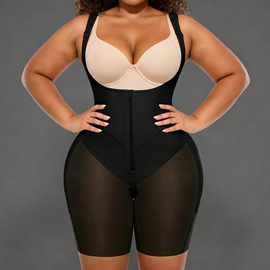 Body gainant à braguette zippée pour femmes Post-partum Faja Contrôle du ventre Rehaussement des hanches Shapewear Respirant Bretelles réglables Contrôle fort Sans couture