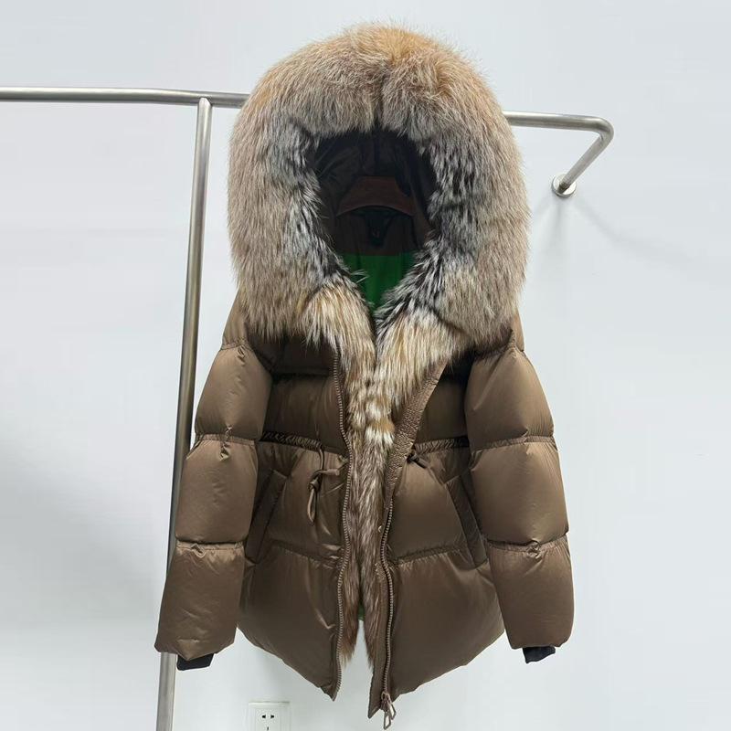 Europe Station's new luxury fur fox big fur collar white goose down jacket women's medium and long thickened coat