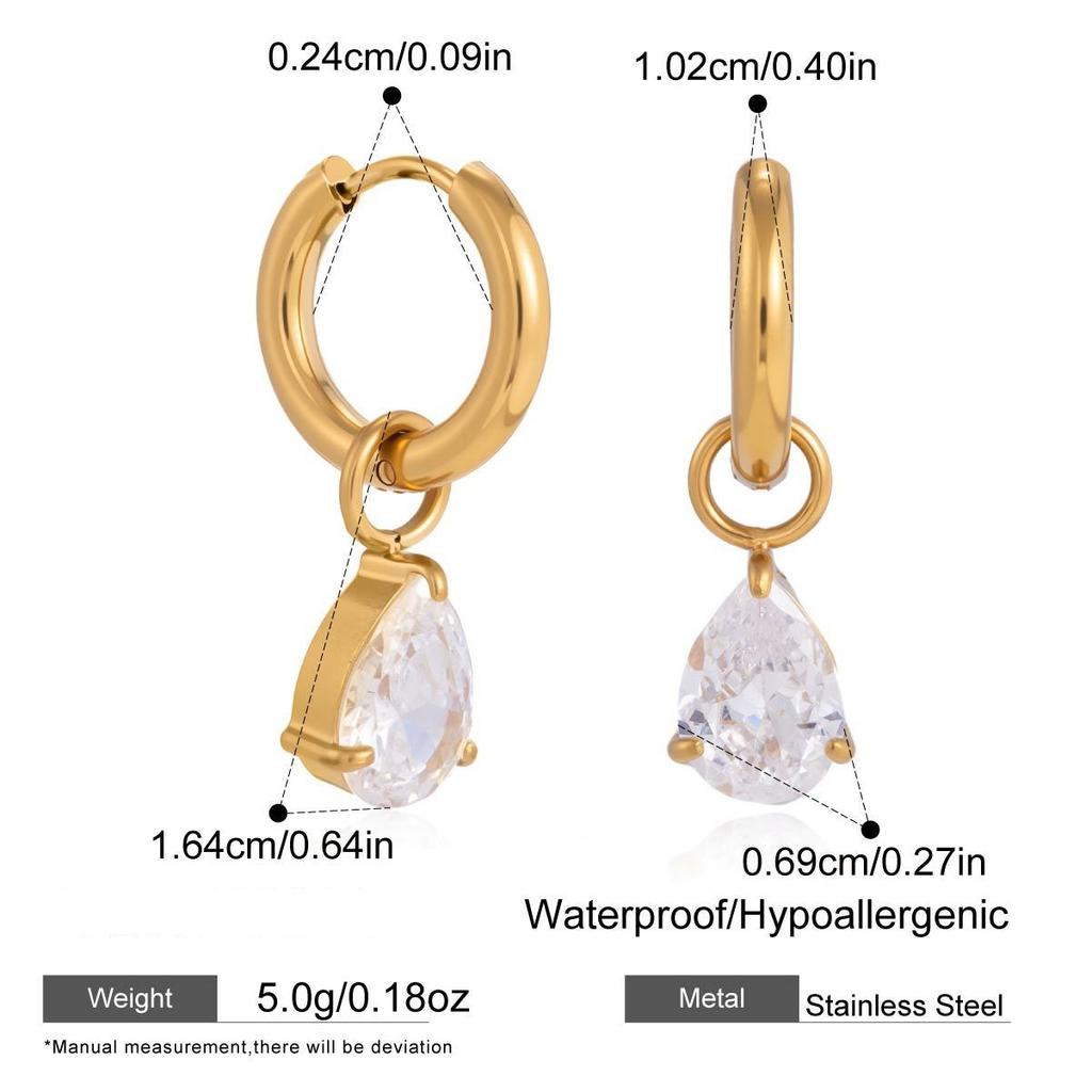 Stainless Steel Earrings Gold Plated Small Hoop with Round Pear Cut Zirconia Dangle Minimalist Elegant Earrings for Women