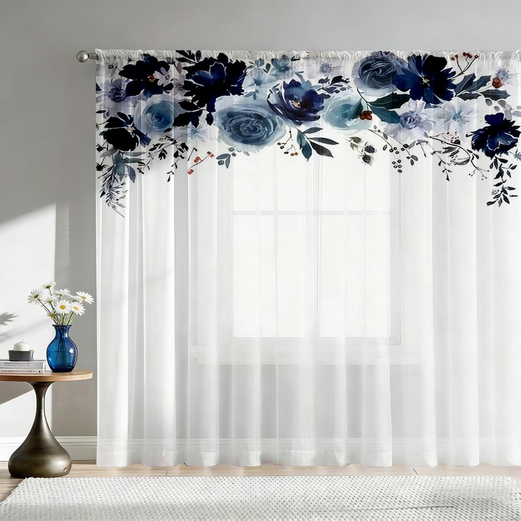 1PC Navy Blue Watercolor Floral Sheer Curtains - Elegant Flower Valance Print Window Drapes for Bedroom Living Room Decor